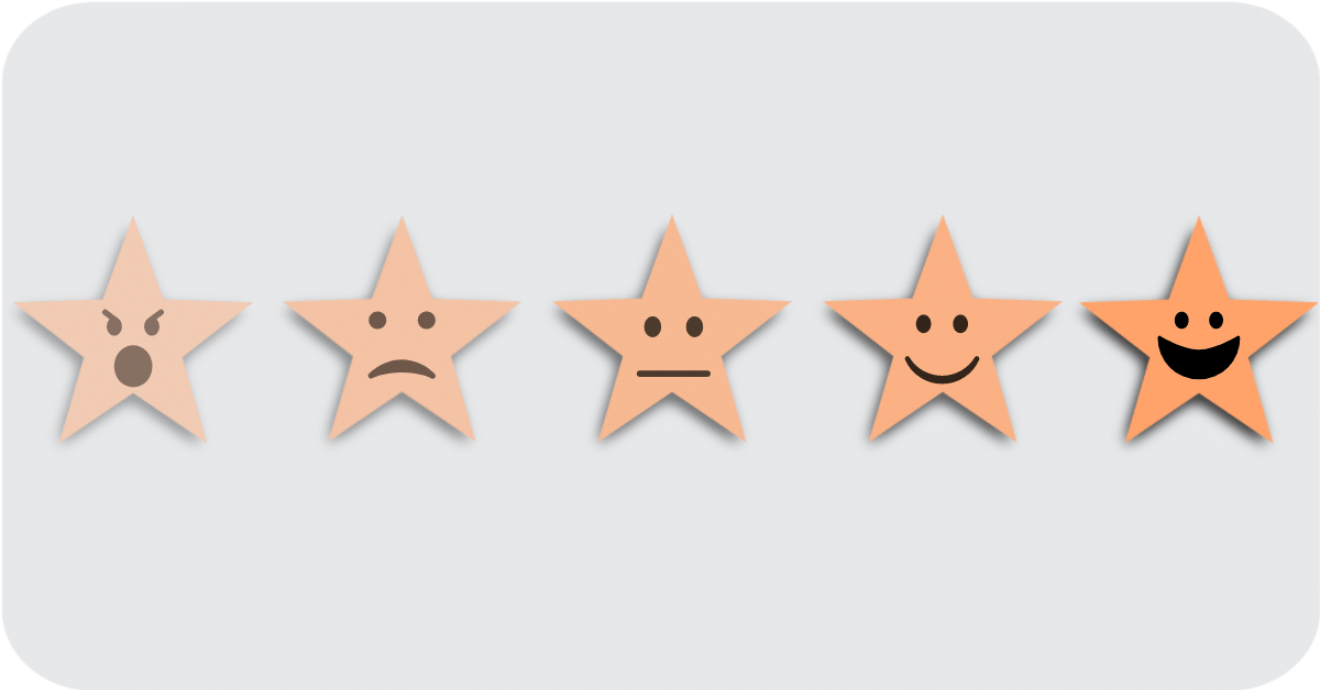 five stars lined up with faces ranging from mad to happy