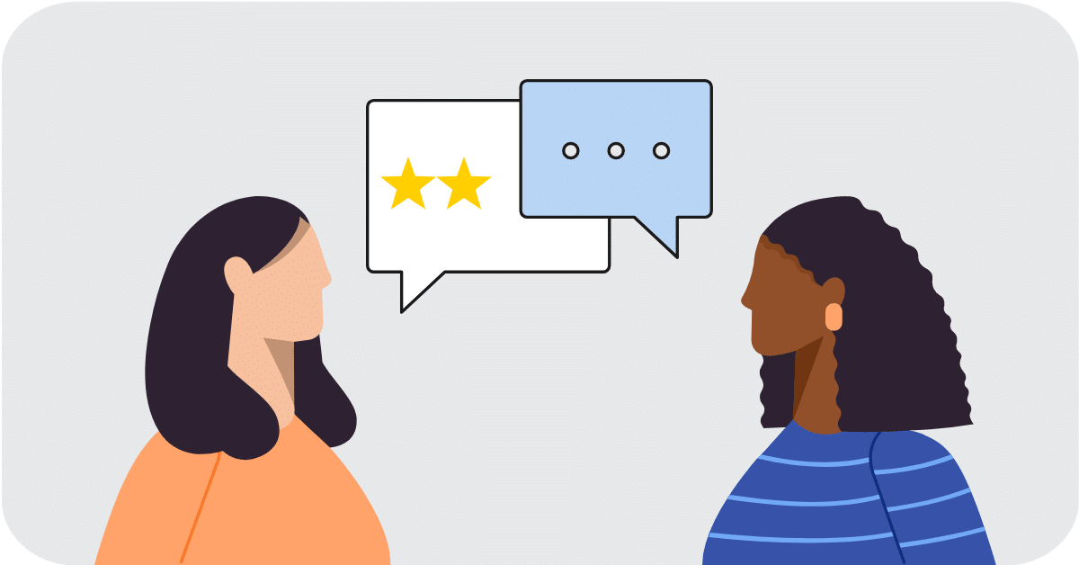 illustrated woman with speech bubble showing two stars talking to another woman with speech bubble with three dots