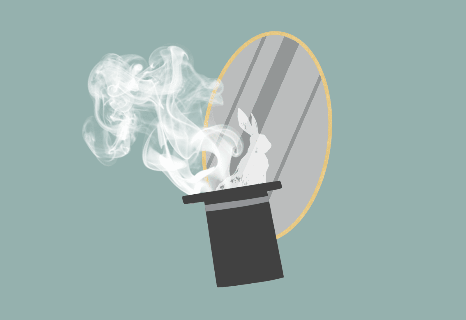 graphic of top hat and mirror with smoke and rabbit
