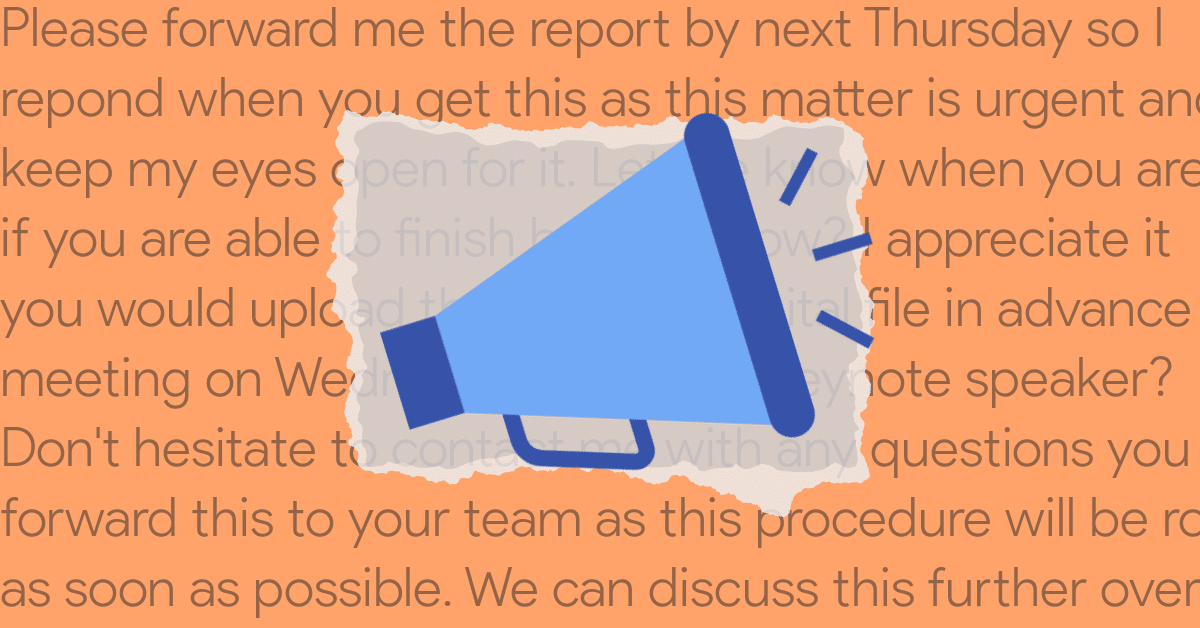 blue megaphone on orange background overlaid with repeated calls to action
