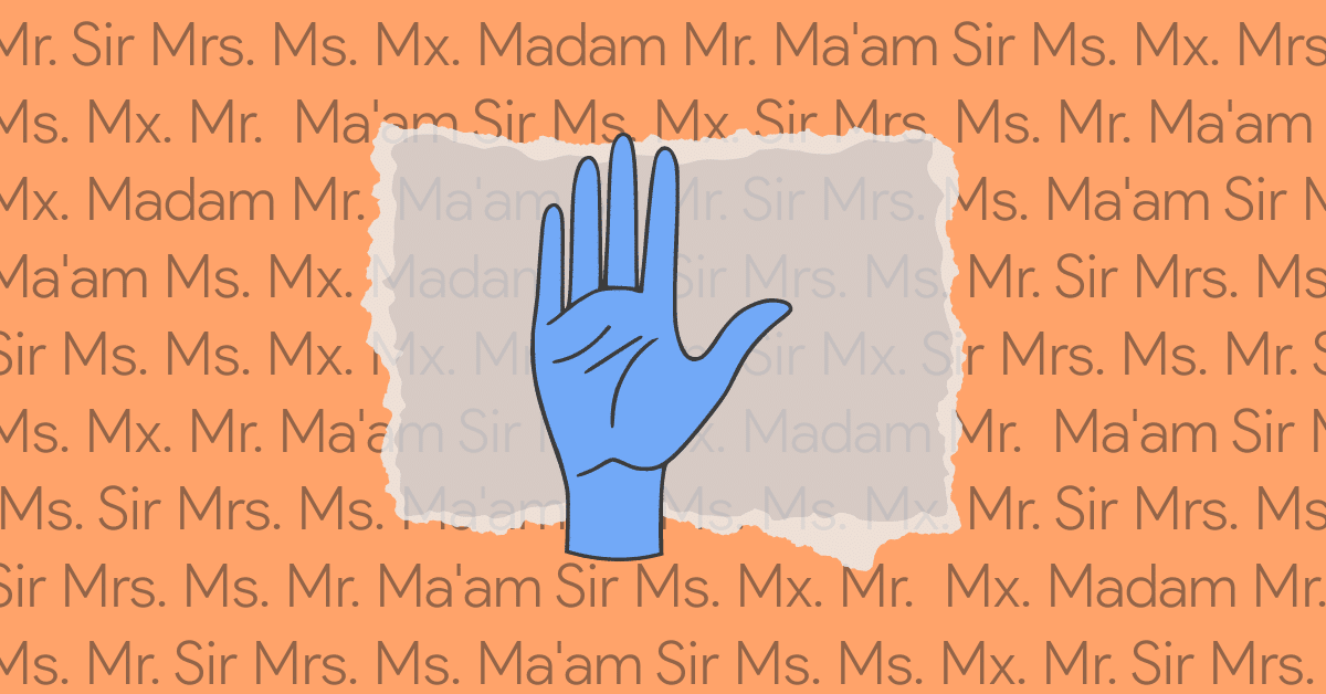 illustration of waving hand on orange background overlaid with repeated honorifics