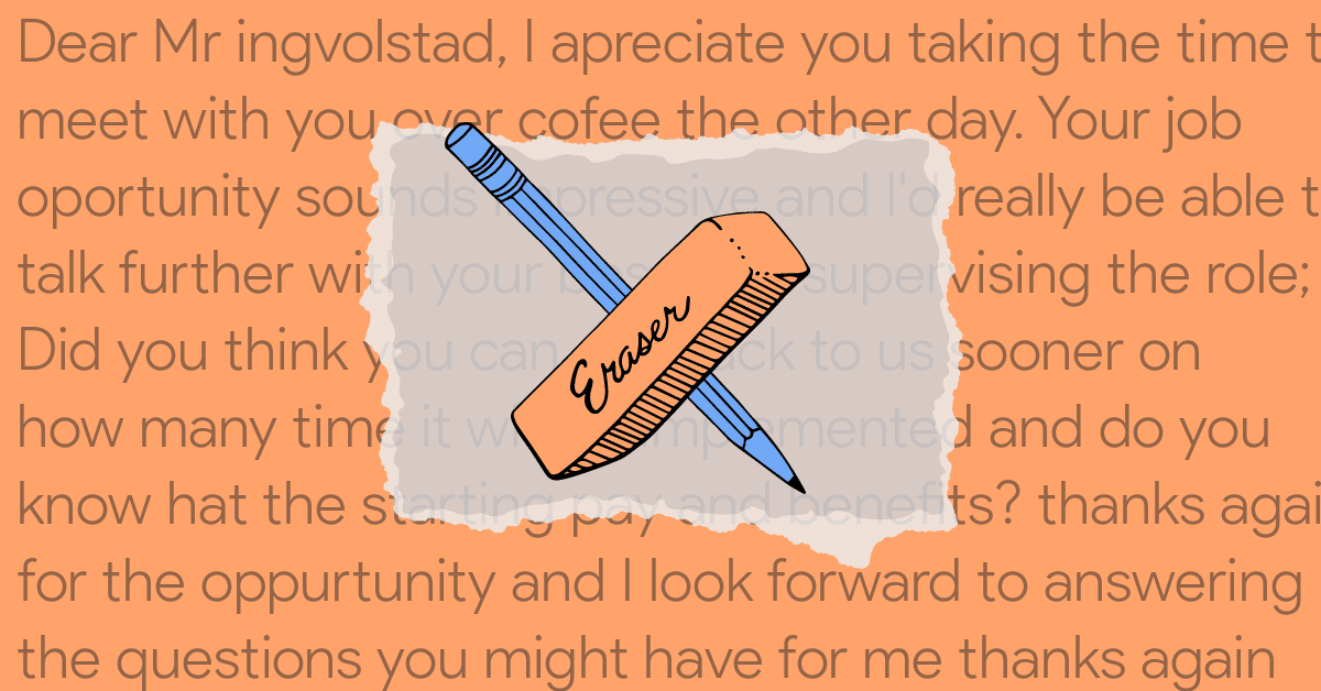 blue pencil and orange eraser on orange background overlaid with misspelled email