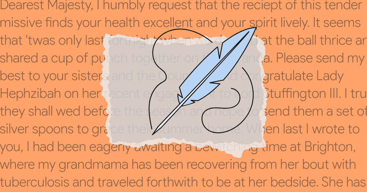 blue quill on orange background overlaid with formal sounding letter