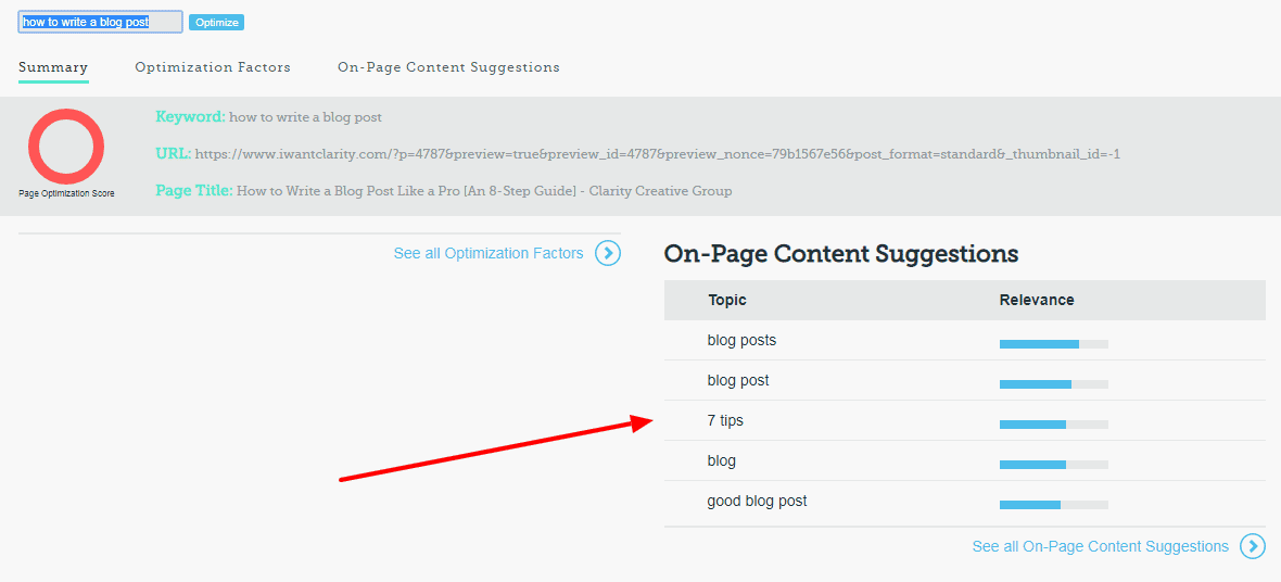 Moz On-Page Content Suggestion list