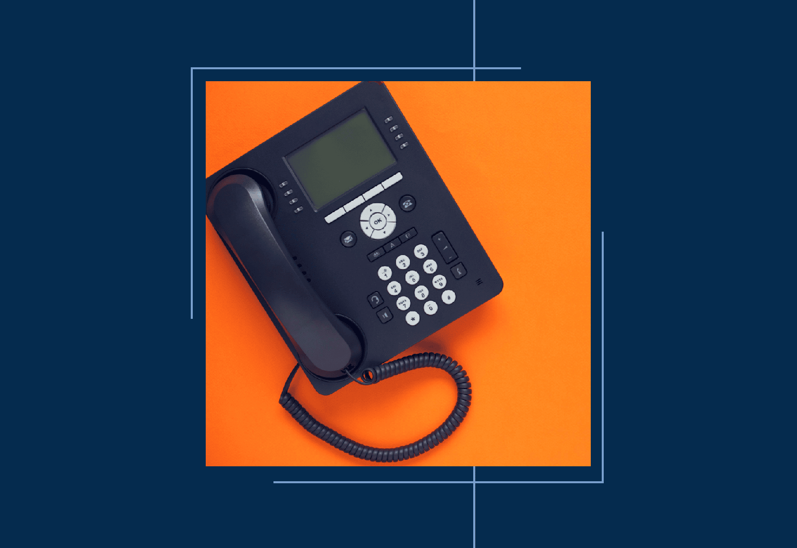 office phone on orange background inside a square