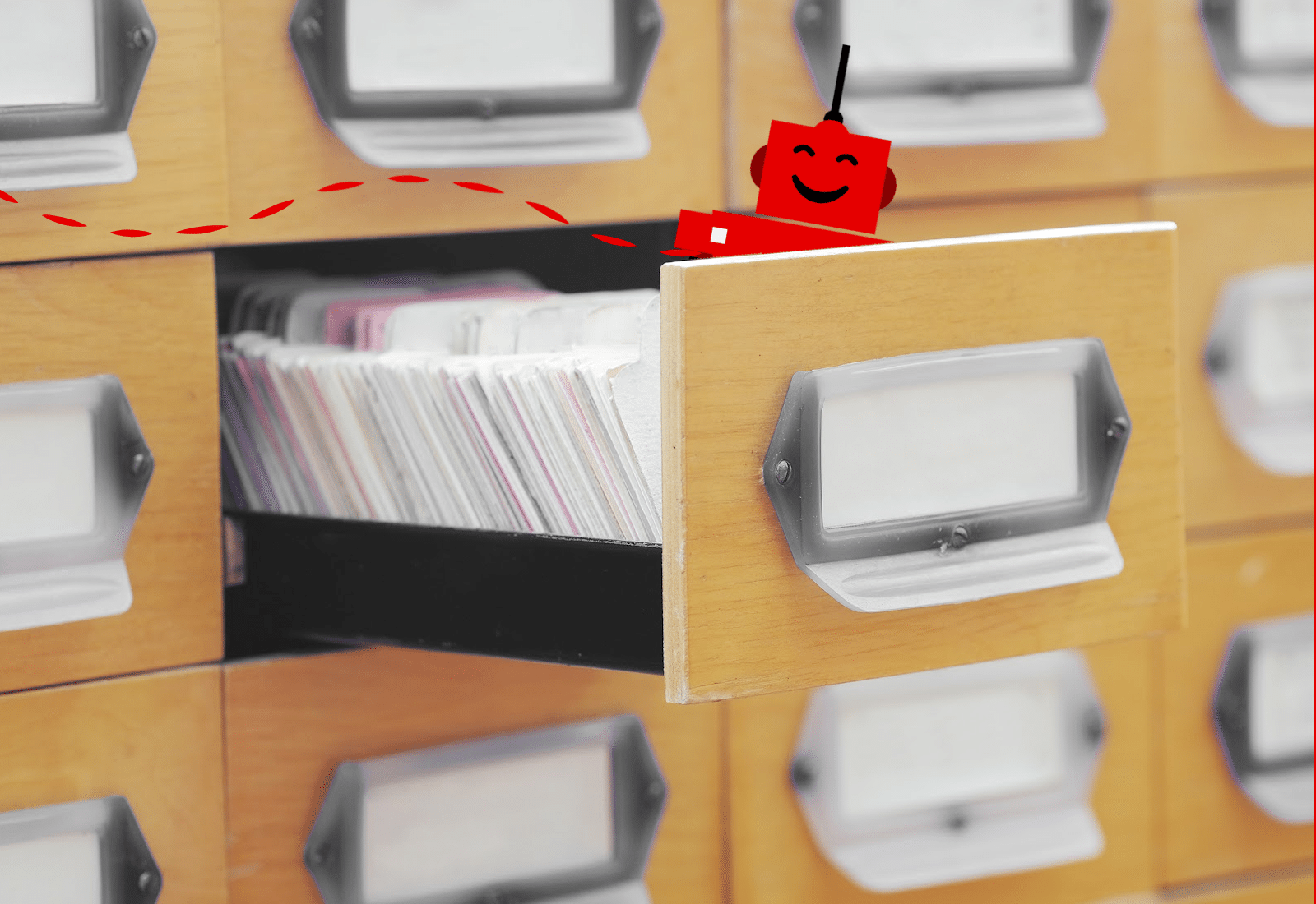 red robot peeking out of a card catalog drawer