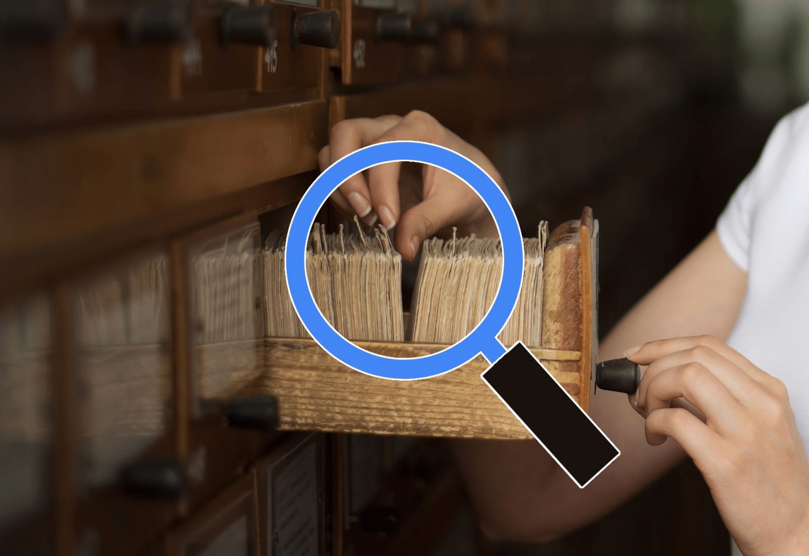 illustration of magnifying glass over image of woman looking through library card catalog