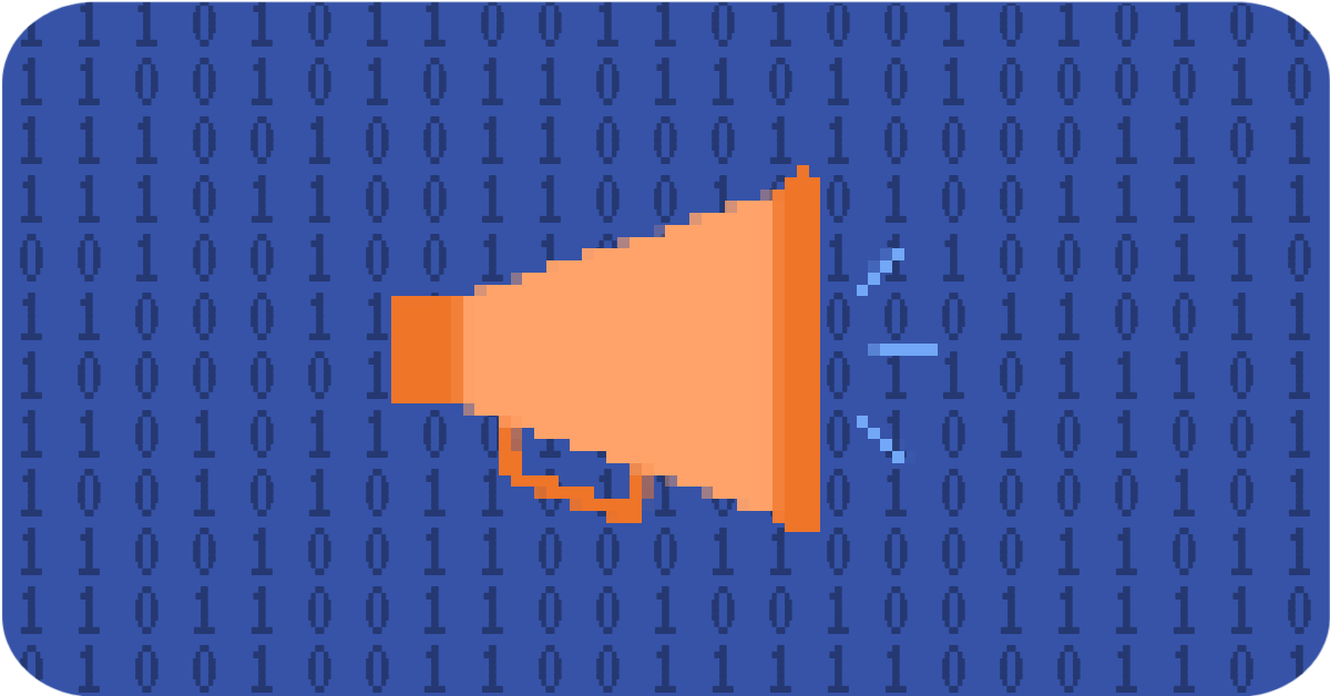graphic of pixelated megaphone with background of pixelated zeros and ones