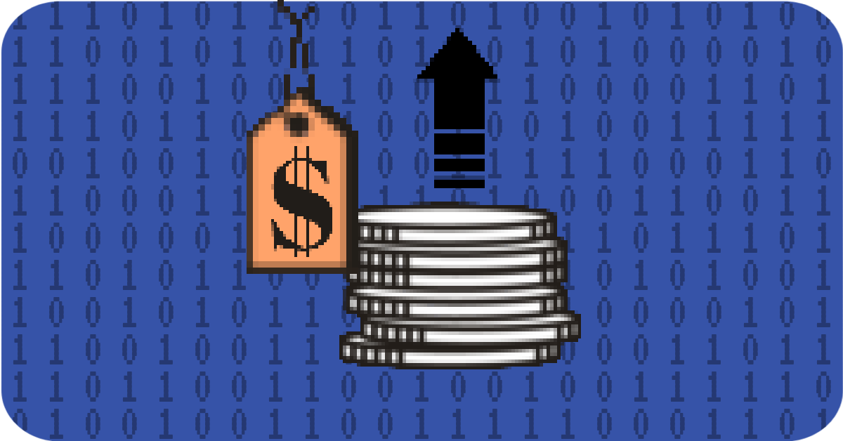 graphic of pixelated sales tag next to stack of coins