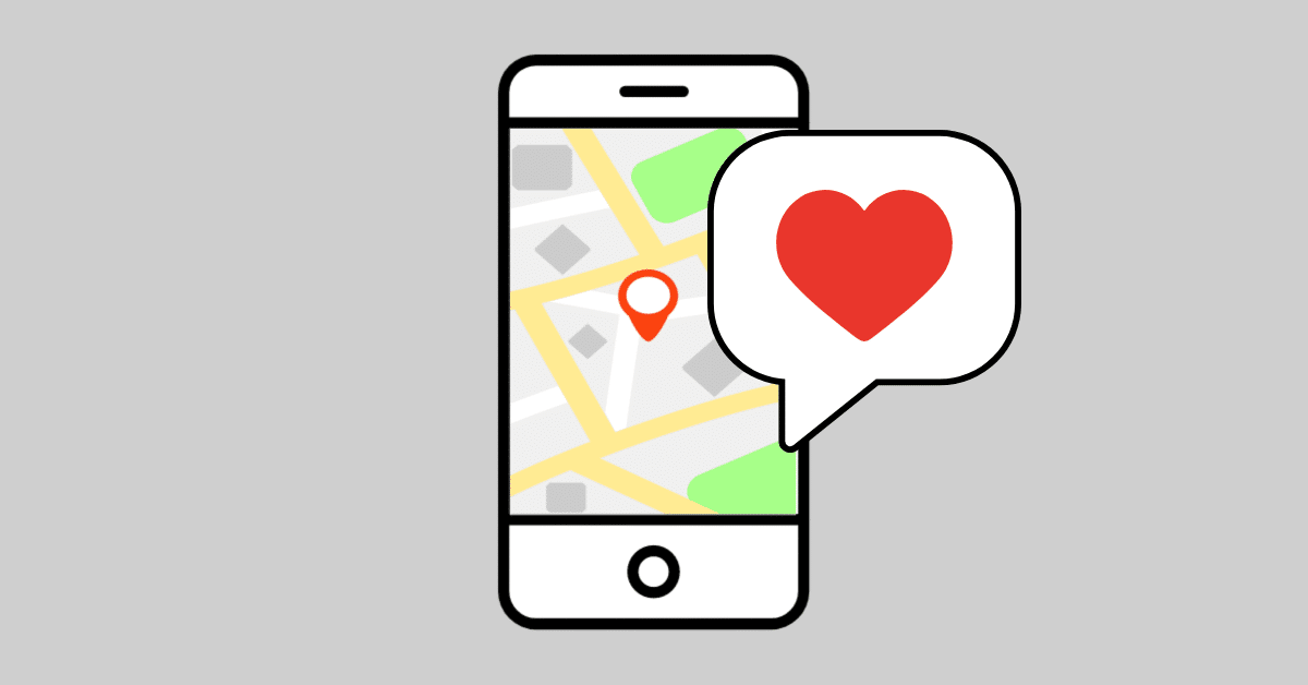map displayed on phone behind a speech bubble with a heart